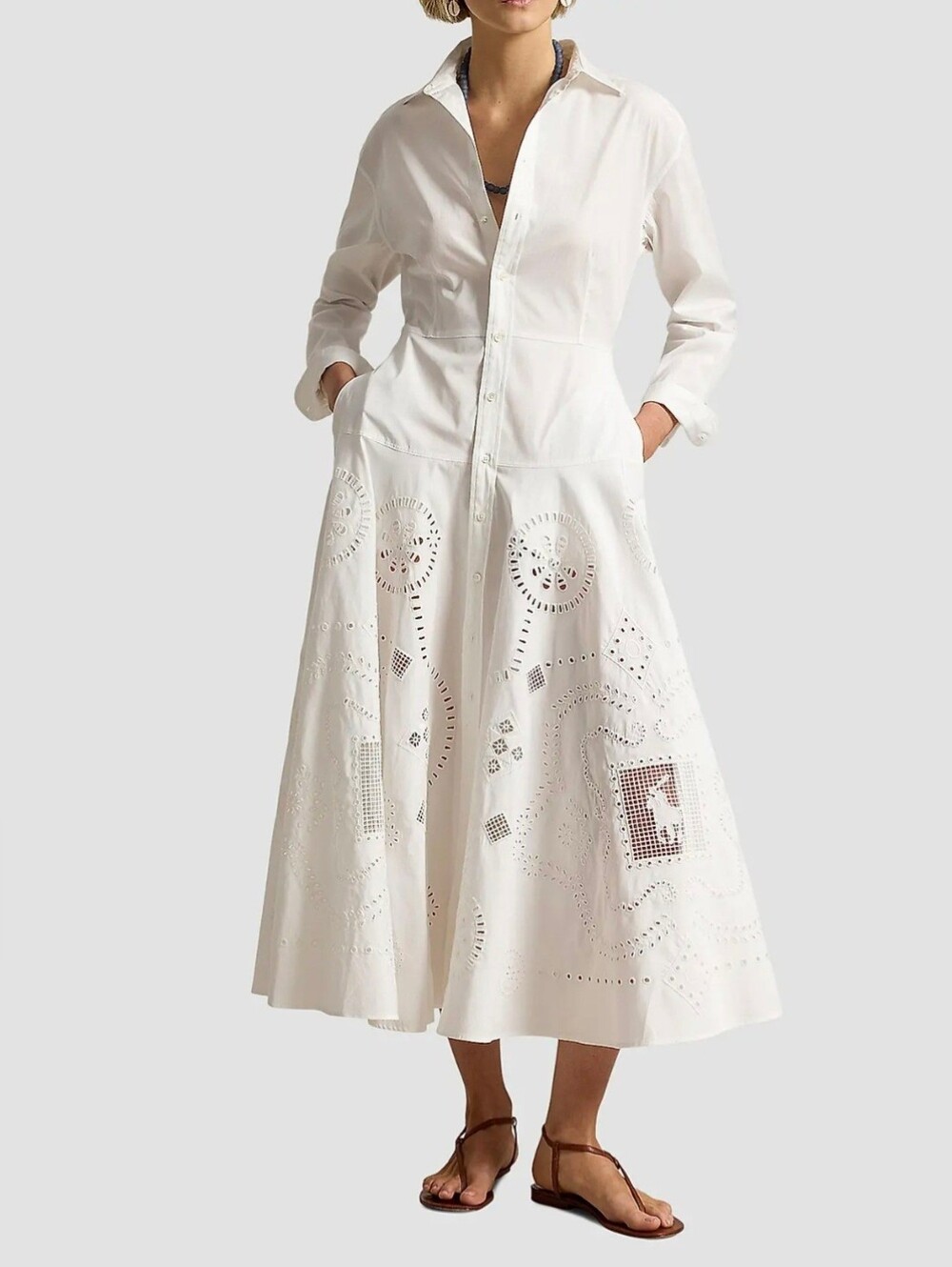 Polo Ralph Lauren White Cotton Eyelet Shirt Dress Midi Fit & Flare
